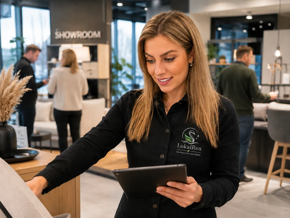 Cecilie Hansen, Kunde- & Kvalitetschef hos LokalRen, udfører kvalitetskontrol i et showroom med møbler i Odense