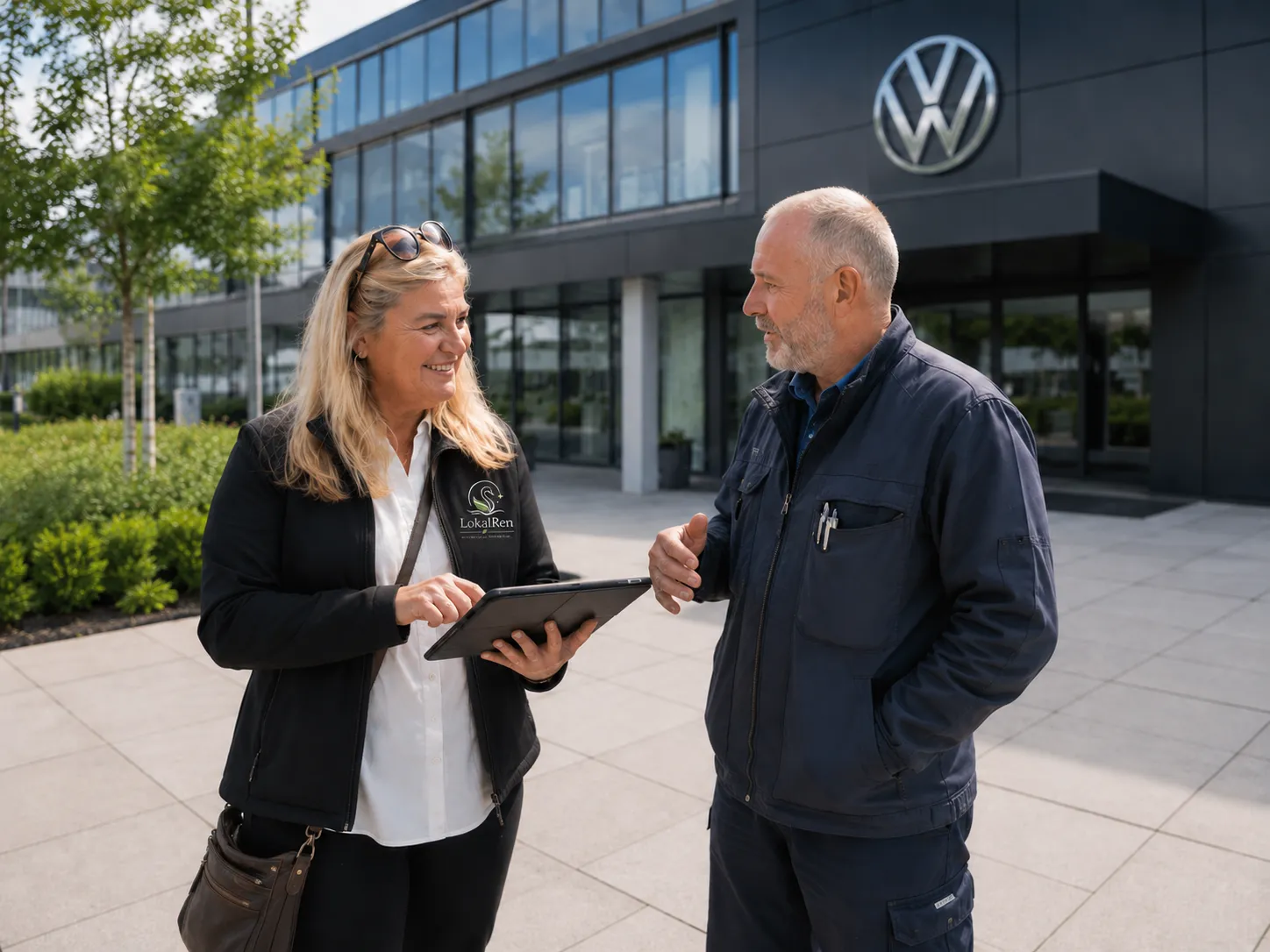 LokalRen-medarbejder i firmajakke rådgiver en medarbejder foran et autohus i Odense om professionel erhvervsrengøring