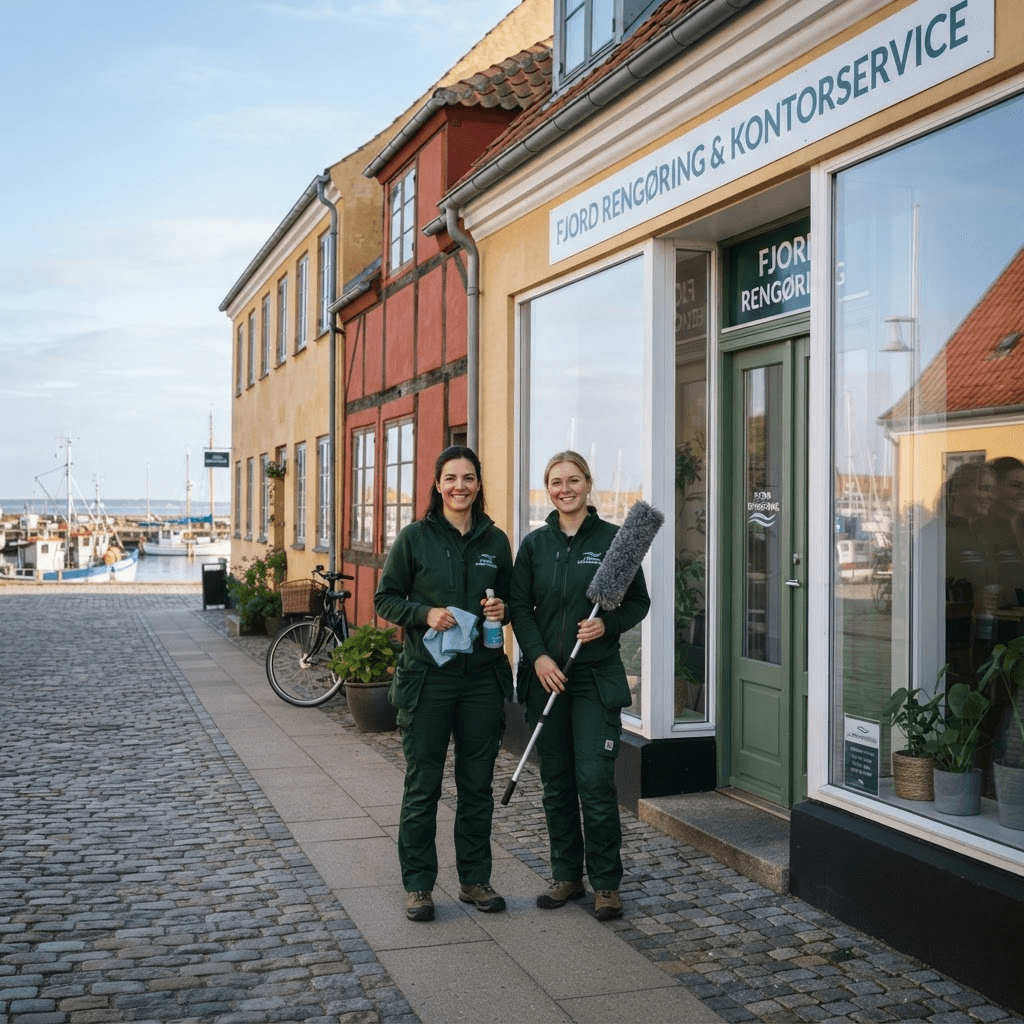 To LokalRen-medarbejdere i grøn uniform foran en lokal virksomhed i Kerteminde klar til erhvervsrengøring