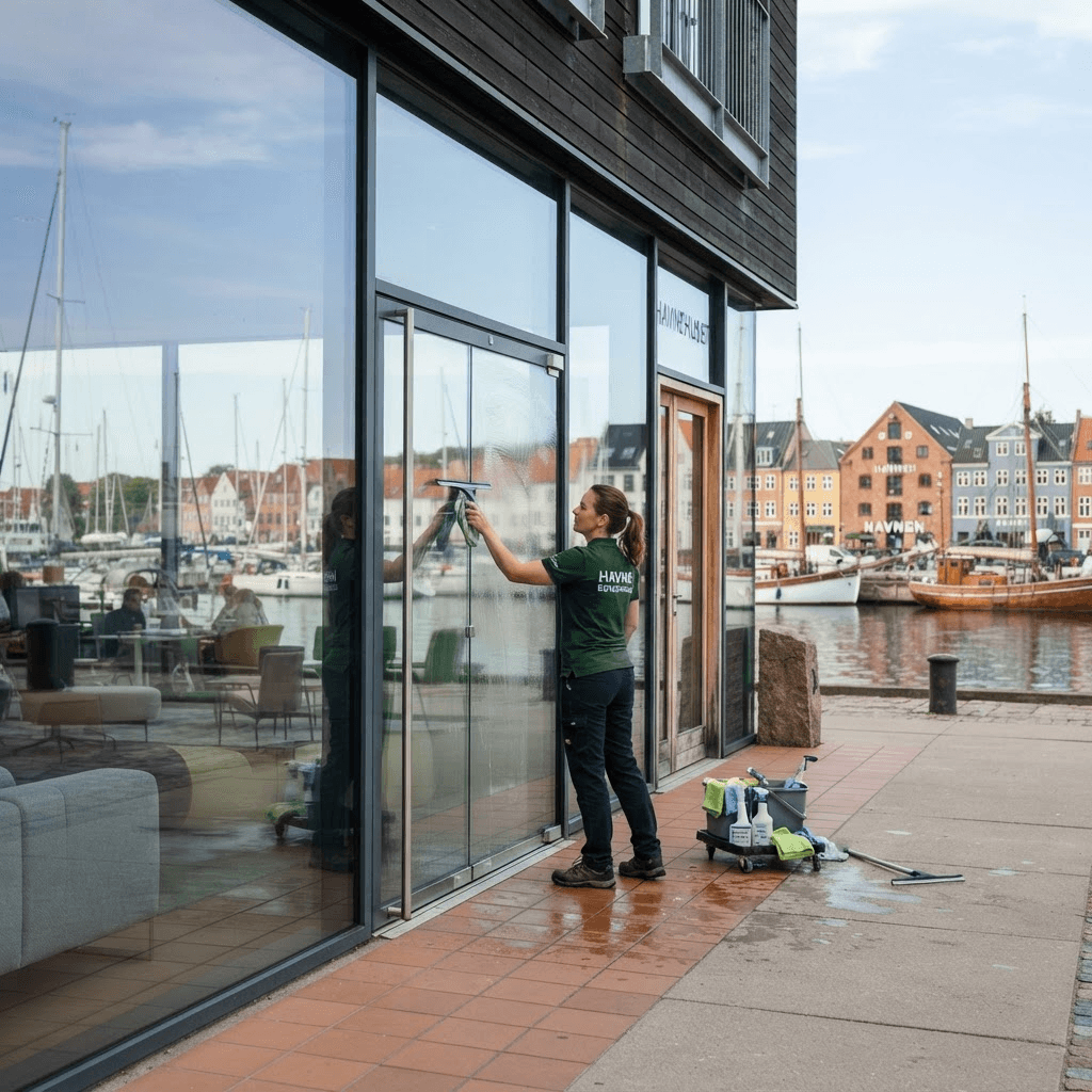 LokalRen-medarbejder i grøn uniform der pudser glasfacaden på et kontor ved havnen i Svendborg