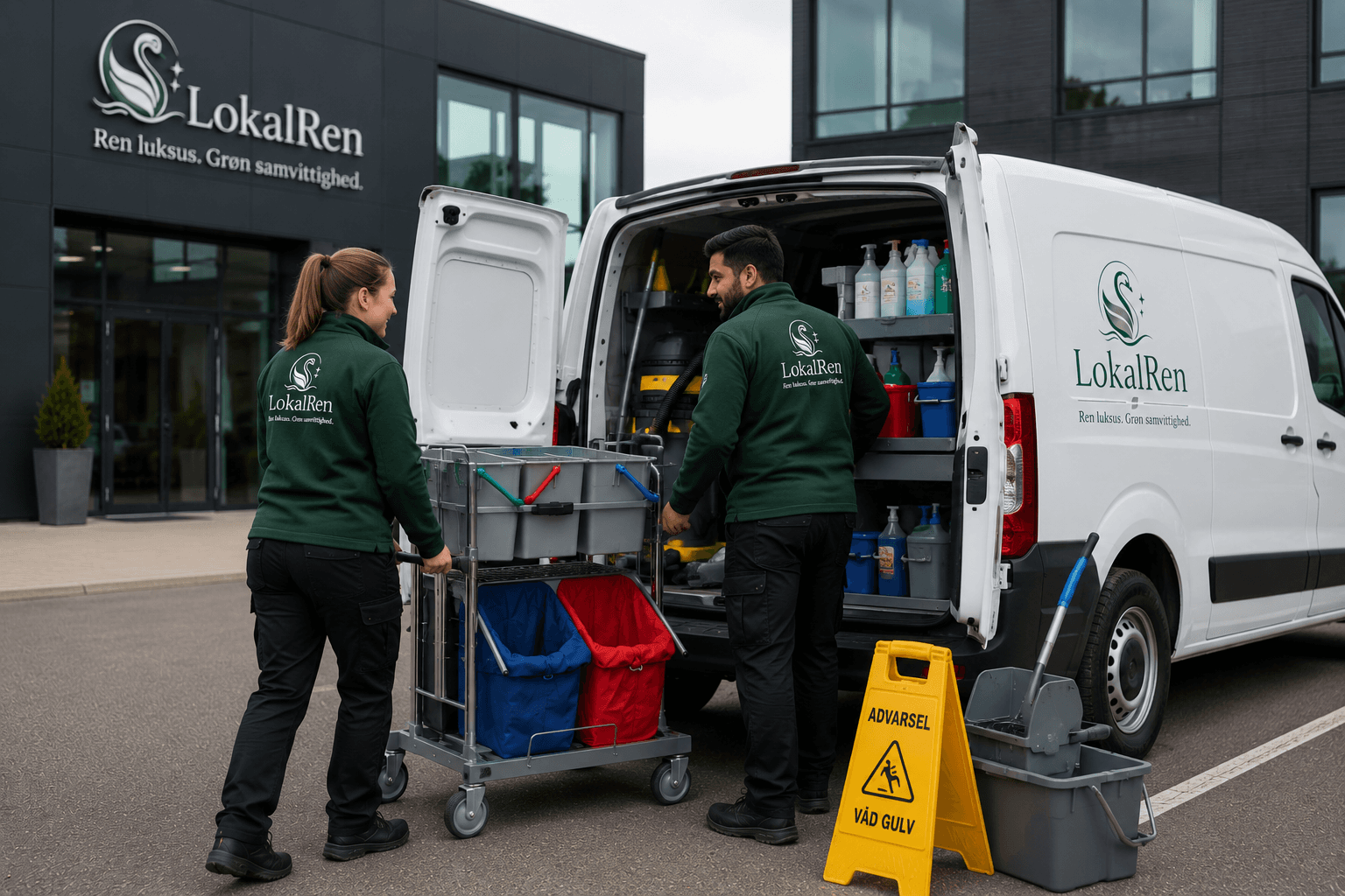 To LokalRen-medarbejdere i grøn uniform gør en rengøringsvogn og servicebil klar til fast erhvervsrengøring foran en kontorbygning