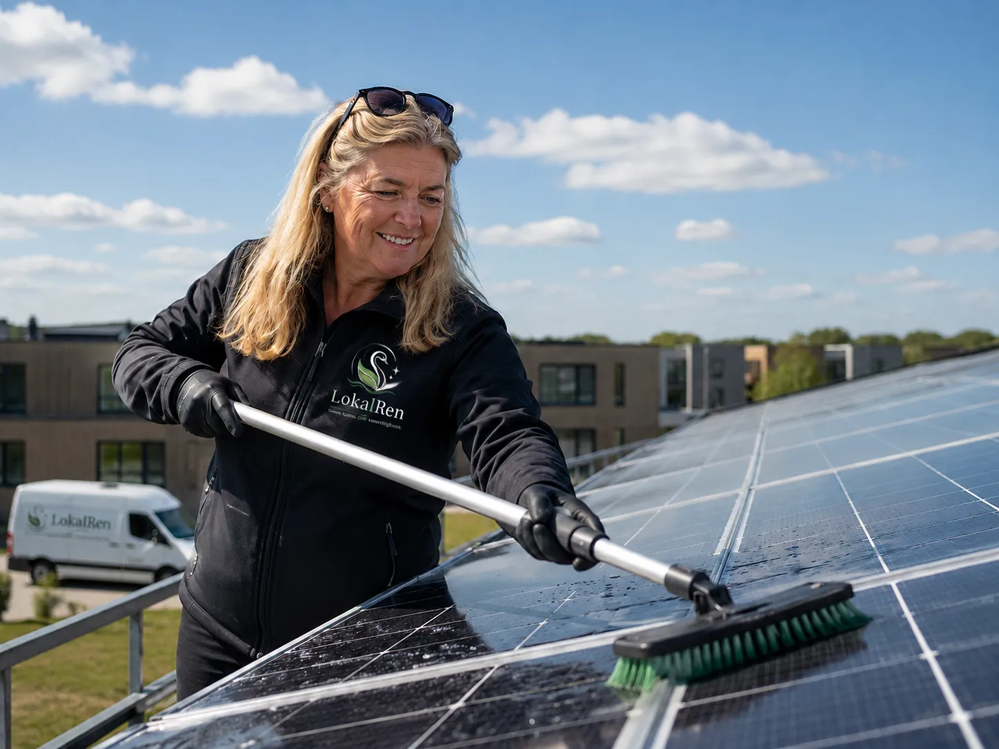 LokalRen-medarbejder rengør solpaneler med teleskopstang på en erhvervsejendom på Fyn – skånsom udvendig glas- og panelrengøring med servicebil i baggrunden
