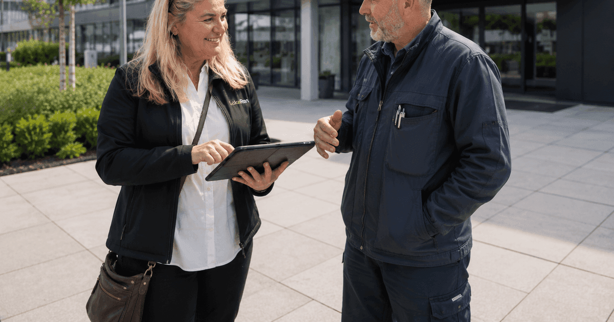 Vibeke fra LokalRen gennemgår en driftsplan på tablet sammen med en servicetekniker foran en moderne erhvervsbygning