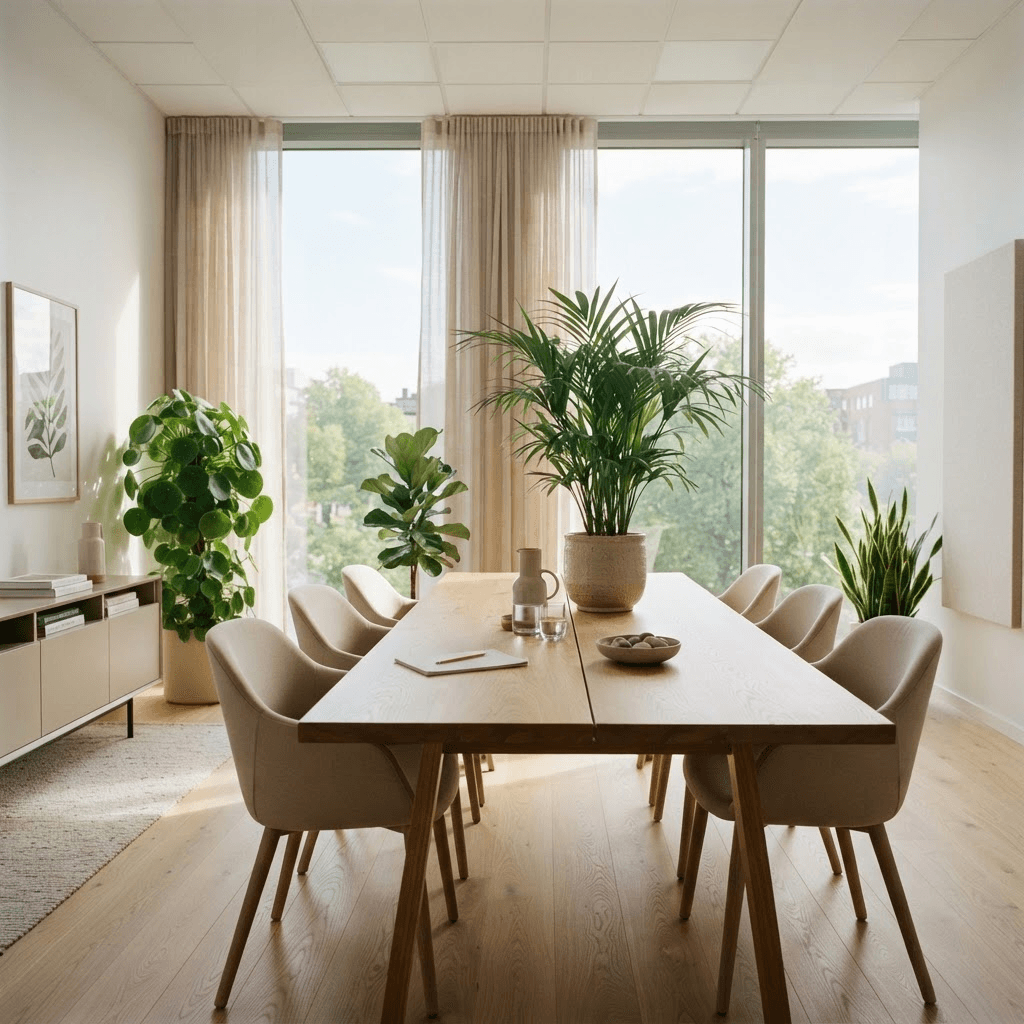 Lyst skandinavisk mødelokale med store vinduer, grønne planter og rene overflader i naturligt lys