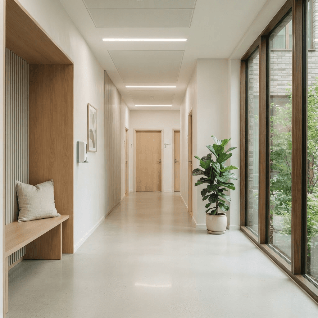 Ren og minimalistisk moderne klinik med lyst træ og bløde hvide overflader i naturligt lys