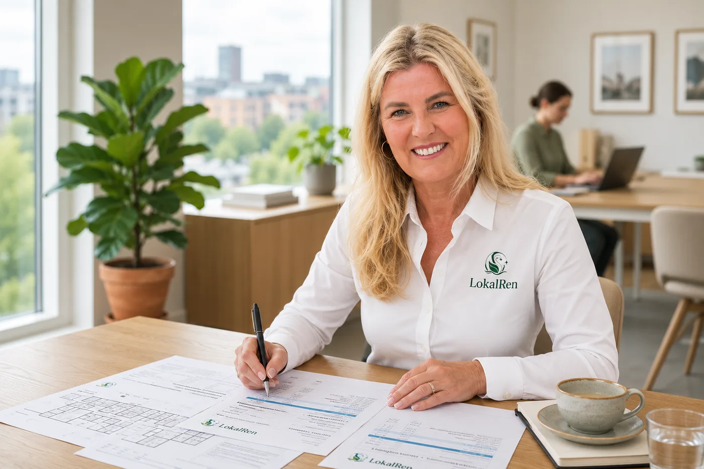 Vibeke L. Hansen, indehaver af LokalRen, iført hvid LokalRen-skjorte, gennemgår tilbud fra forskellige rengøringsfirmaer ved et lyst skrivebord med plantegning, notesblok og en kop kaffe