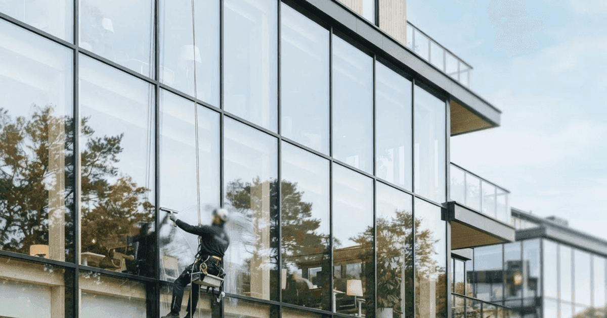 Ren, streakfri glasfacade på en moderne skandinavisk erhvervsejendom i naturligt dagslys
