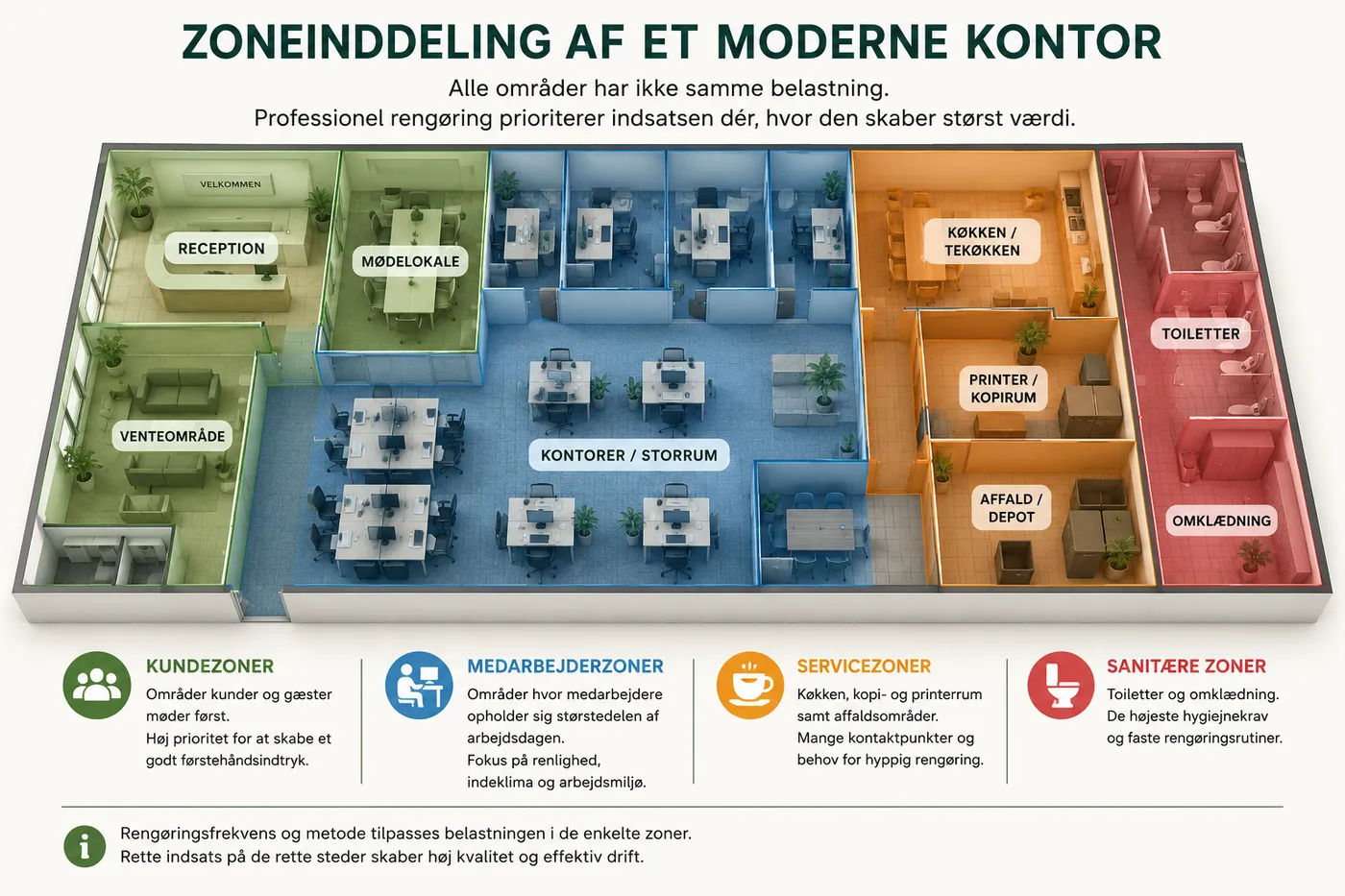 Diagram over zoneinddeling af et moderne kontor set ovenfra med fire farvekodede zoner: kundezoner i grøn (reception, venteområde og mødelokale), medarbejderzoner i blå (kontorer og storrum), servicezoner i orange (køkken/tekøkken, printer/kopirum og affald/depot) og sanitære zoner i rød (toiletter og omklædning). Illustrationen viser, hvordan professionel kontorrengøring prioriterer indsatsen efter belastning i hver zone.