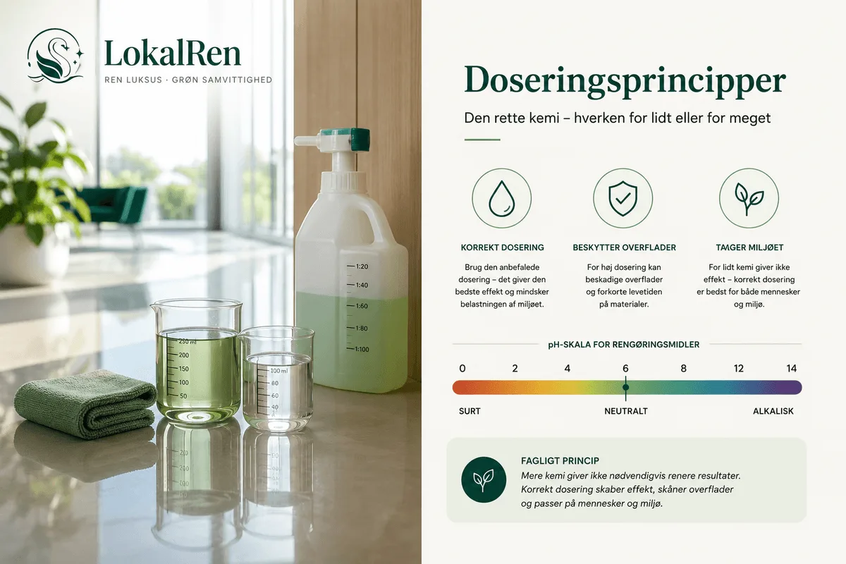 pH-skala fra 0 til 14 med surt, neutralt og alkalisk område samt principperne korrekt dosering, beskytter overflader og skåner miljøet.