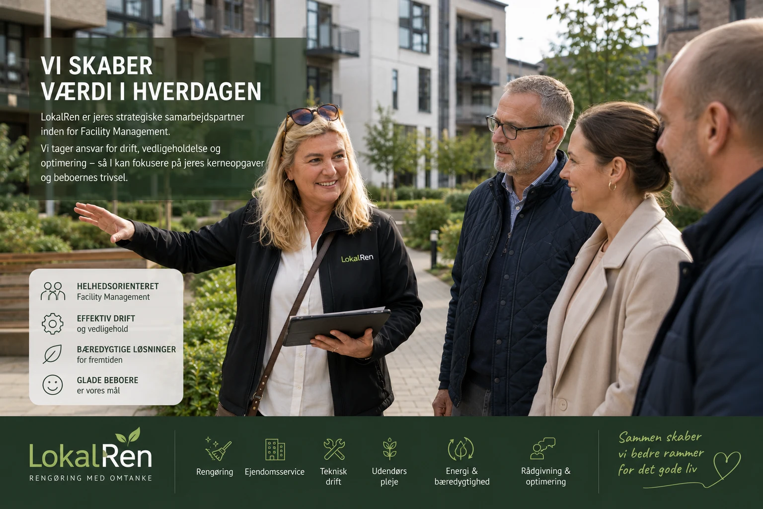 LokalRen-illustration: Vibeke taler med bestyrelsesmedlemmer i en boligforenings gård, med værdipunkterne helhedsorienteret Facility Management, effektiv drift og vedligehold, bæredygtige løsninger og glade beboere.