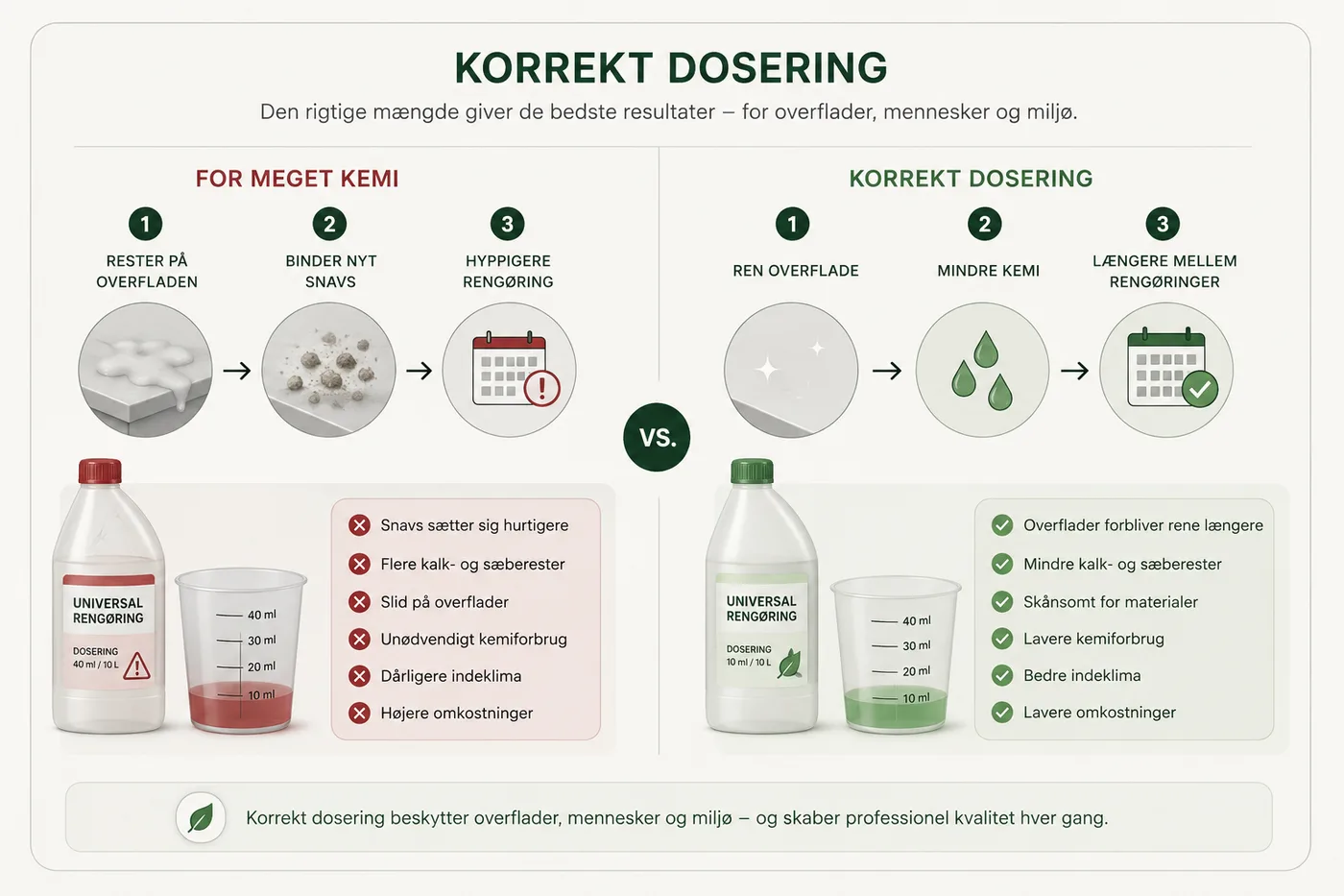 Sammenligning af for meget kemi mod korrekt dosering af rengøringsmiddel. For meget kemi (40 ml) efterlader rester på overfladen, binder nyt snavs og kræver hyppigere rengøring – og giver flere kalk- og sæberester, slid på overflader, unødvendigt kemiforbrug, dårligere indeklima og højere omkostninger. Korrekt dosering (10 ml) giver en ren overflade, mindre kemi og længere mellem rengøringer – overflader forbliver rene længere, med mindre kalk, skånsomhed mod materialer, lavere kemiforbrug, bedre indeklima og lavere omkostninger.
