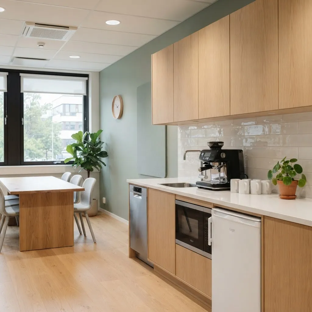 Lyst og rengjort fælles kontorkøkken i et moderne skandinavisk kontor med lyse trælåger, hvid bordplade, kaffemaskine, rene kaffekopper, grønne planter og et spisebord ved vinduet – uden pletter eller rod.