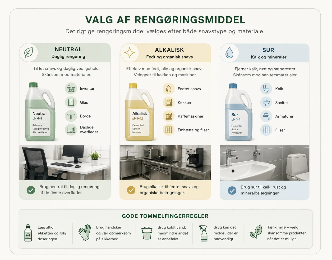 Infografik over valg af rengøringsmiddel efter pH-værdi og opgave: Neutral (pH 6-8) til daglig rengøring af inventar, glas og borde; Alkalisk (pH 9-12) mod fedt og organisk snavs i køkken, kaffemaskiner og emhætte; og Sur (pH 1-4) mod kalk, rust og sæberester på sanitet, armaturer og fliser. Det rigtige rengøringsmiddel vælges efter både snavstype og materiale.