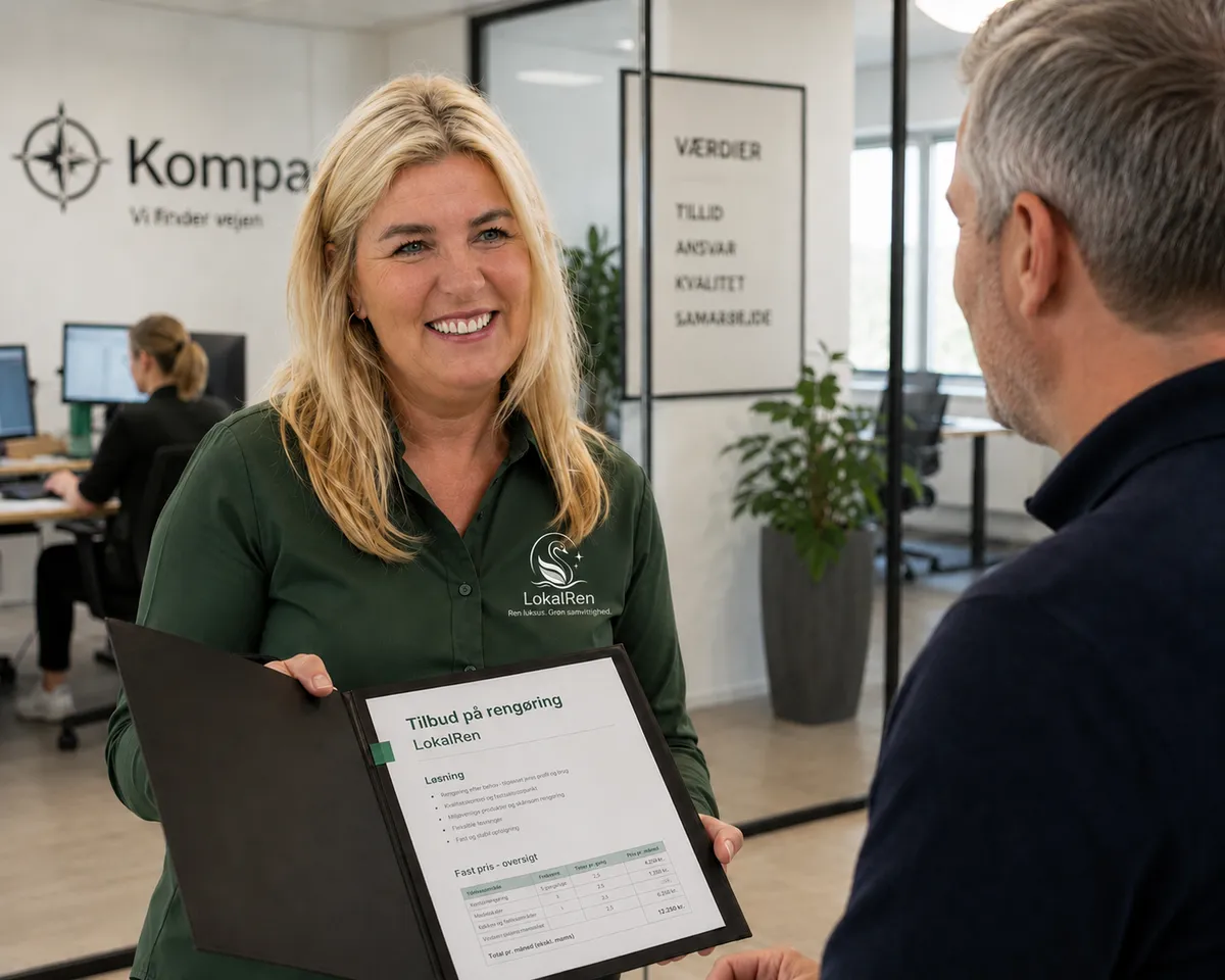 Vibeke fra LokalRen i grøn polo med Svanen-logo præsenterer en mappe med et skriftligt tilbud på kontorrengøring – med løsningsbeskrivelse og fast pris-oversigt – for en erhvervskunde på et moderne kontor