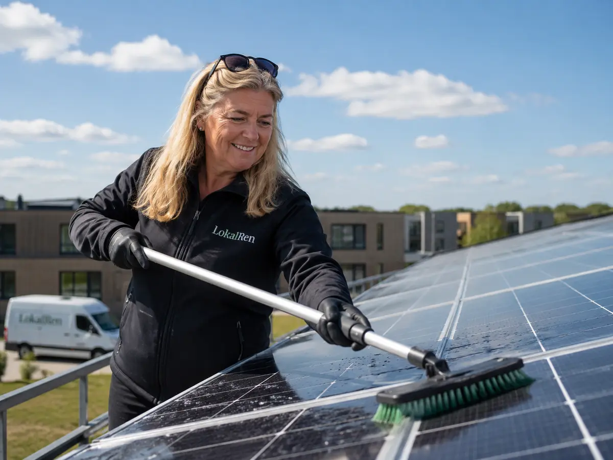 Vibeke fra LokalRen rengør solcellepaneler på et tag med en blød børste på teleskopstang og rent vand under en klar himmel