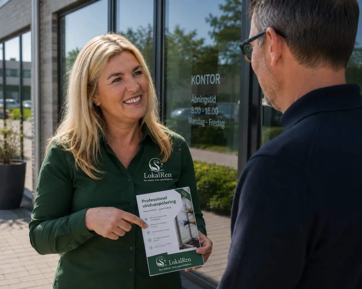 Vibeke fra LokalRen gennemgår en brochure om professionel vinduespolering med en kunde foran en glasfacade